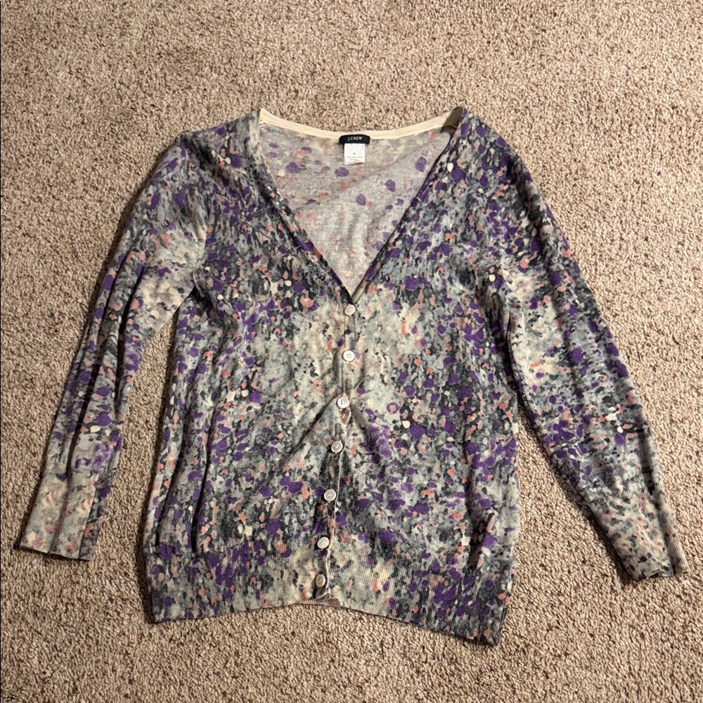 J. Crew 100% Merino Wool Purple and Cream Button-Up Cardigan Size Medium